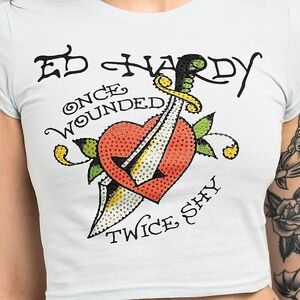 Ed Hardy Women's Once Wounded Baby Tshirt Rhinestones Arctic Blue Size L
